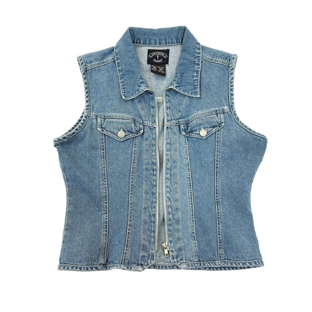 Vtg 90s Denim Vest SOLUTIONS Blue Jean Sleeveless Zip Up Pockets Size M